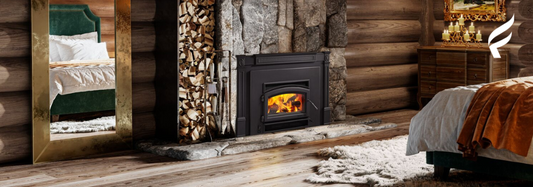 A wood stove fireplace inside a rustic living room