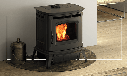 Pellet burning stove next to an interior wall