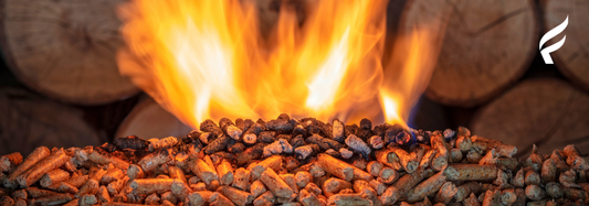 A pellet fire with chopped wood in the background