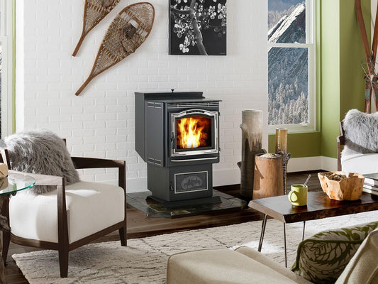 Pellet stove inside a decorated room