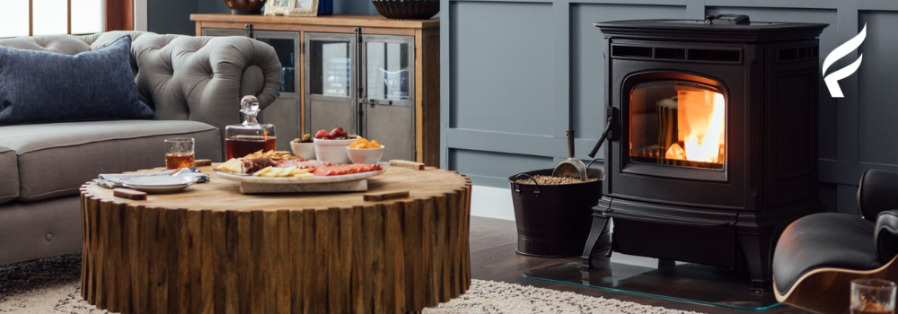 A Harman Absolute pellet stove in a living room 