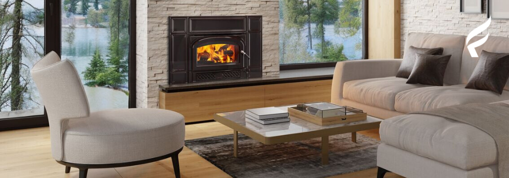 an image of a Vermont Castings wood insert in a living room with lakefront scene