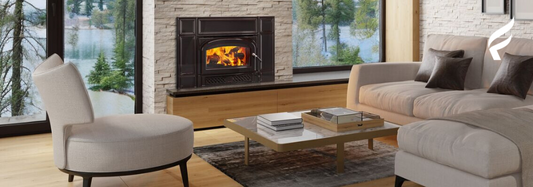 an image of a Vermont Castings wood insert in a living room with lakefront scene