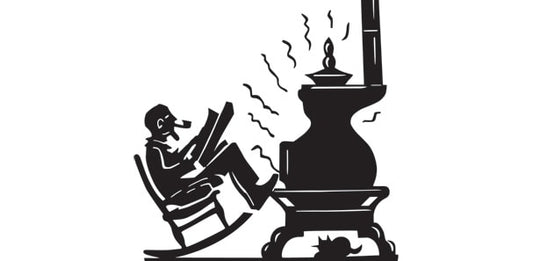 Illustration of an old man seated next to a wood burning stove