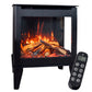 Black electric stove with a glass front showing simulated flames and logs, accompanied by a black remote control on a white background.