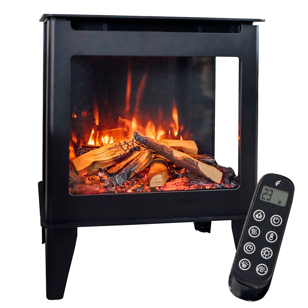 Black electric stove with a glass front showing simulated flames and logs, accompanied by a black remote control on a white background.