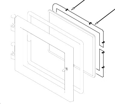 Technical drawing of a rectangular glass door
