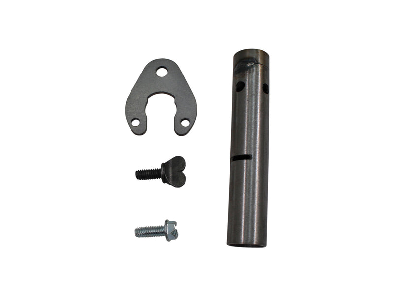 Set of metal components including a bracket, cylindrical shaft, and two screws on a white background