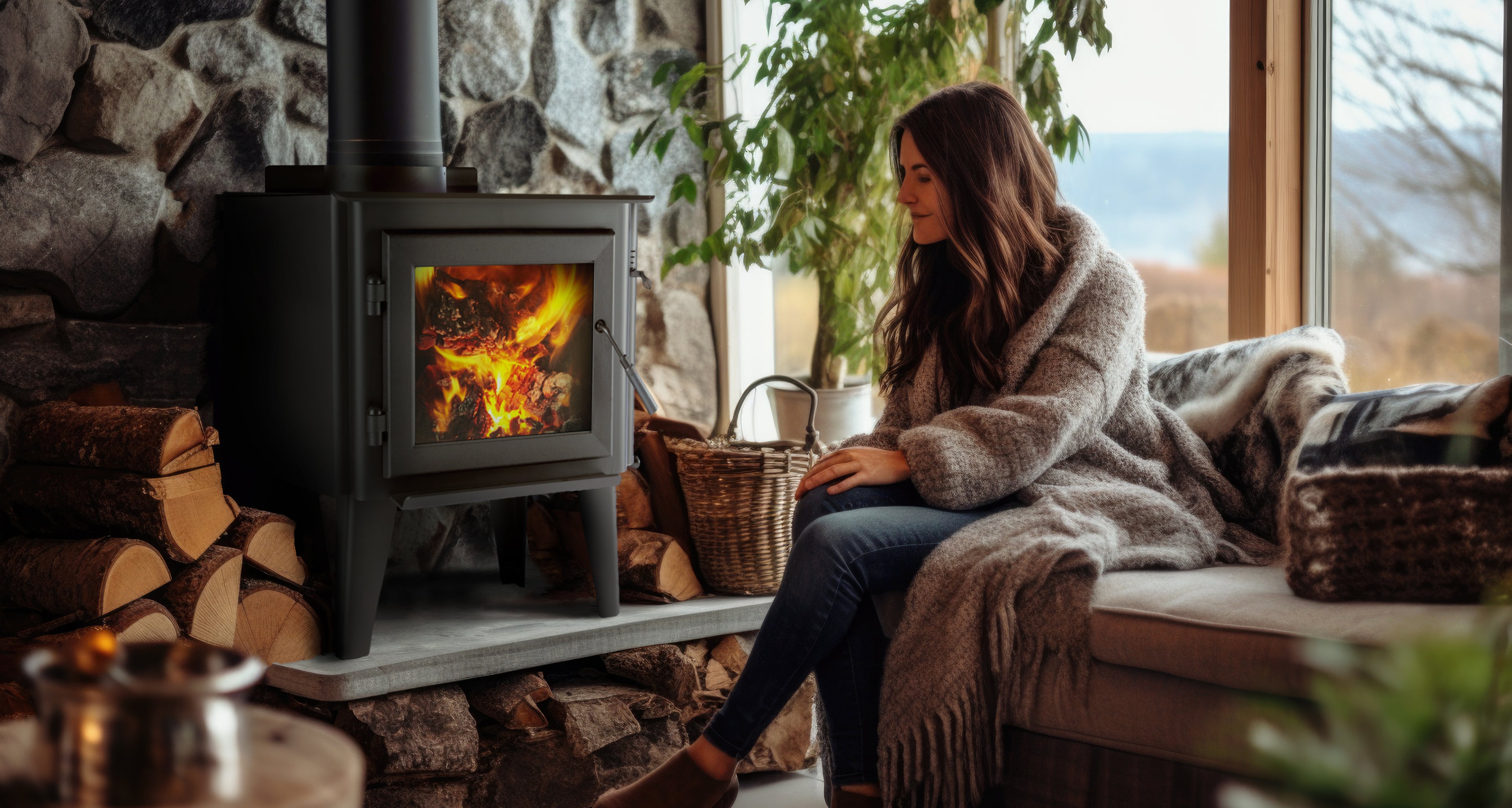 Wood-burning stove crackles, providing warmth while a person wrapped in a blanket sits nearby in a cozy stone-walled room.