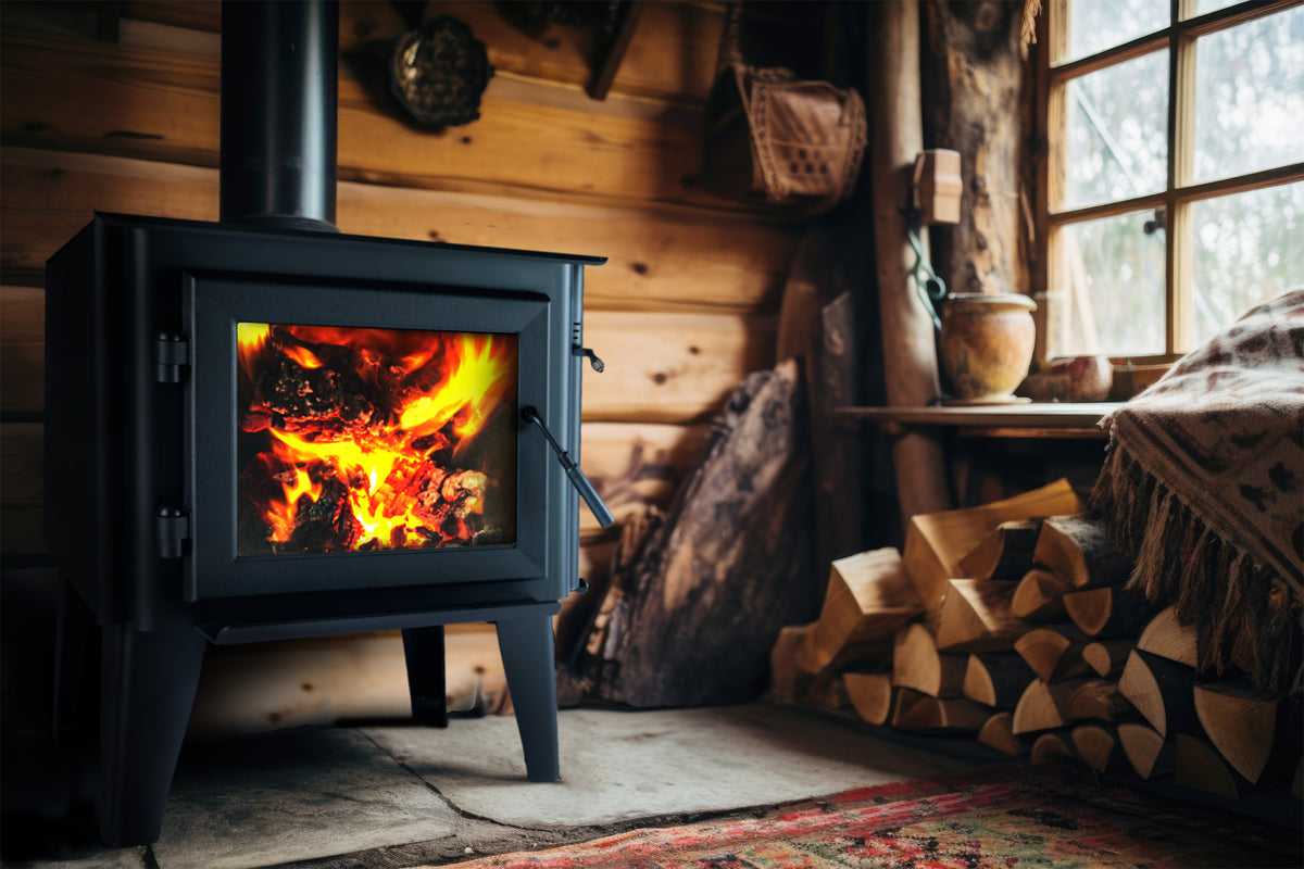 Wood-burning stove crackles, providing warmth in a cozy stone-walled room.