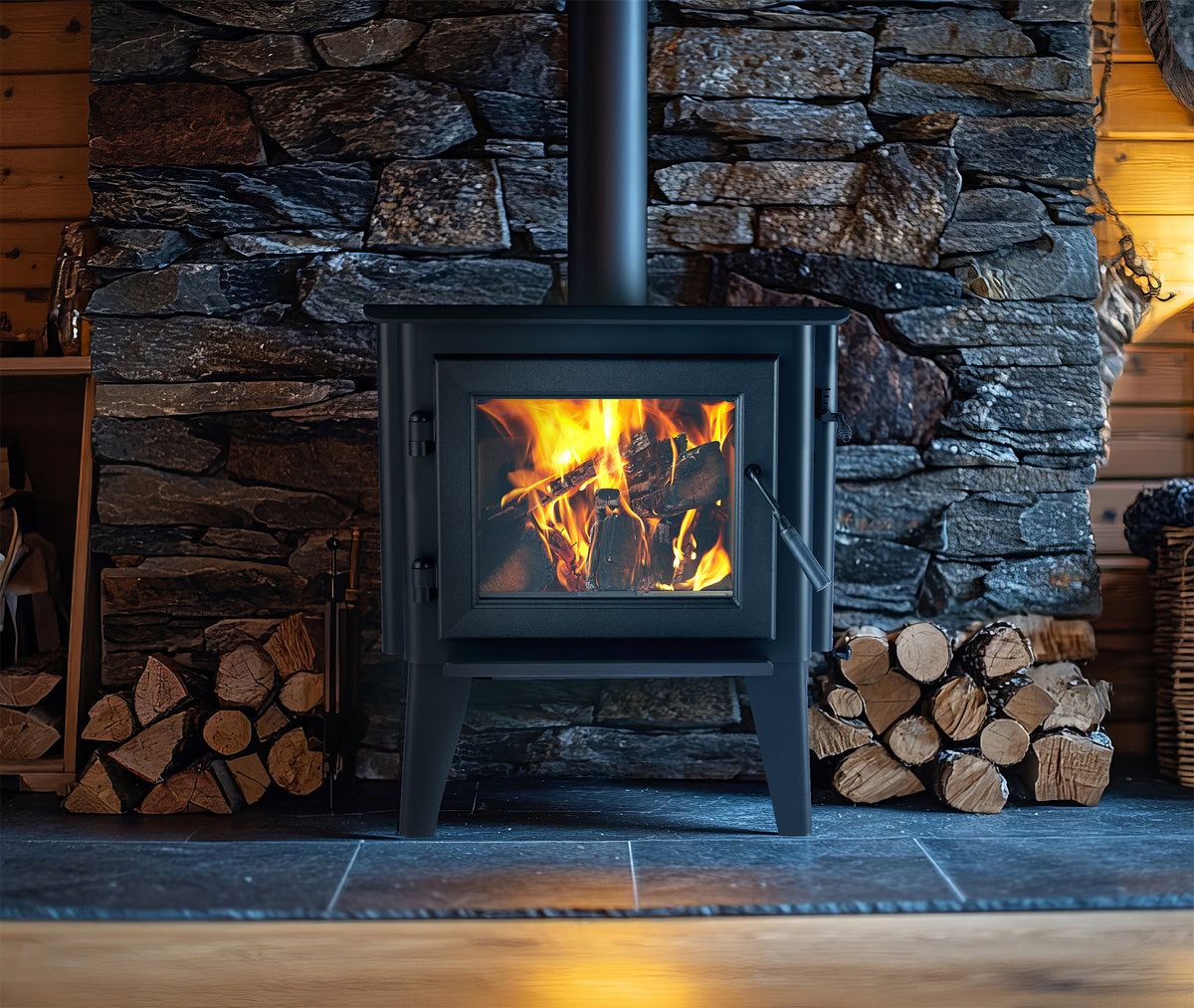 A WP100 wood-burning stove with a visible flame thru a glass door, logs stored nearby, and a stone wall in the background.