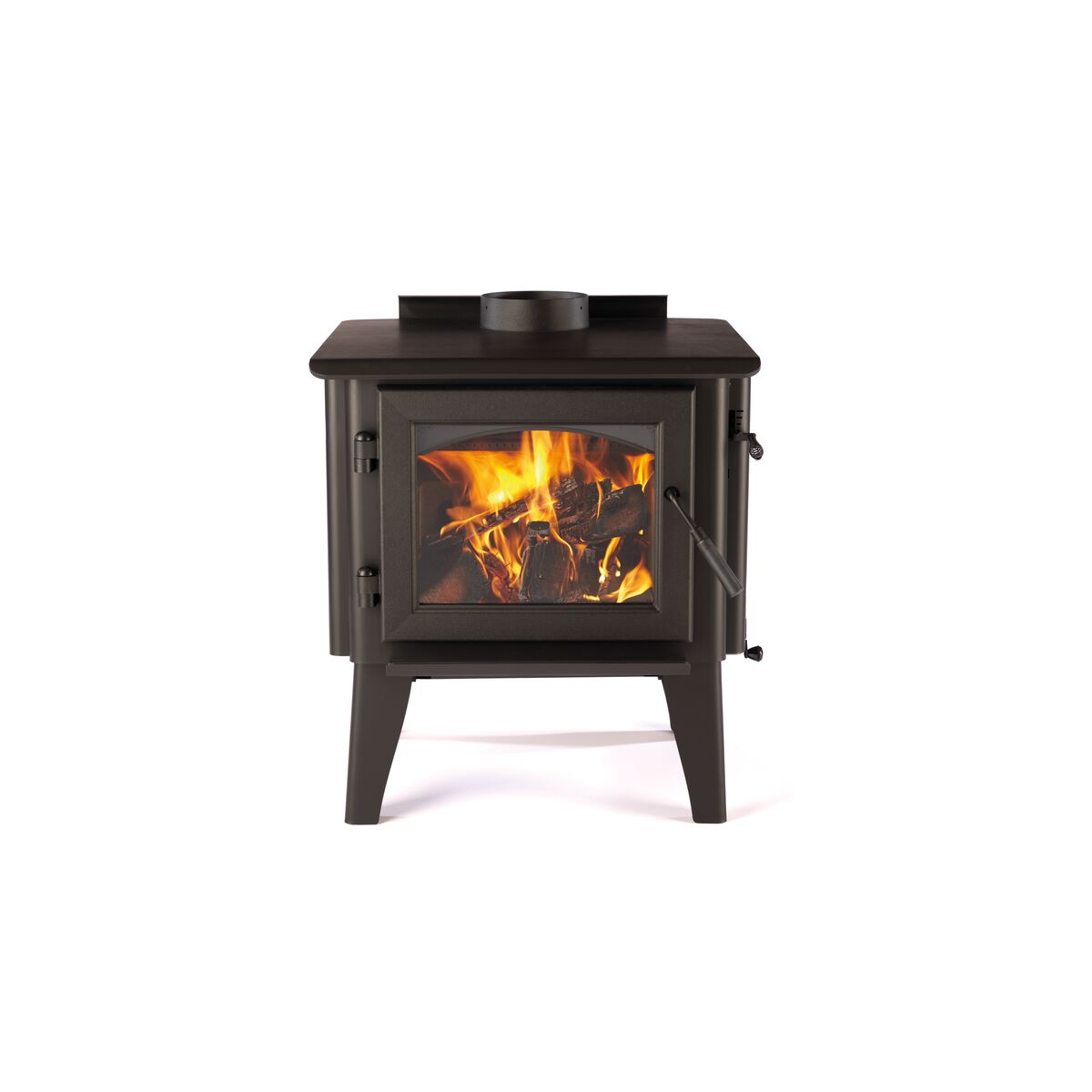 A black WoodPro 100 wood stove with a visible fire through the glass door, placed on a white background.
