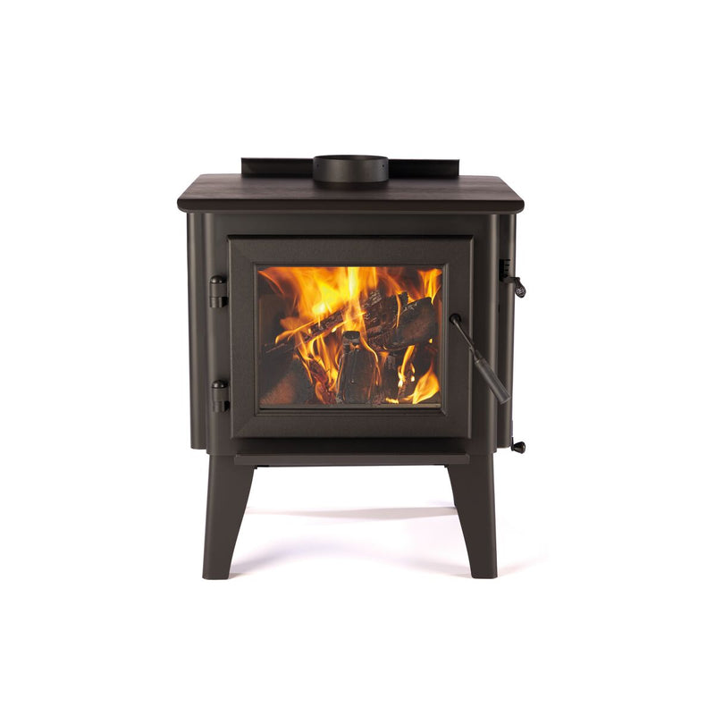 A black WoodPro 200 wood stove with visible flames through the glass door, sitting on a white background.