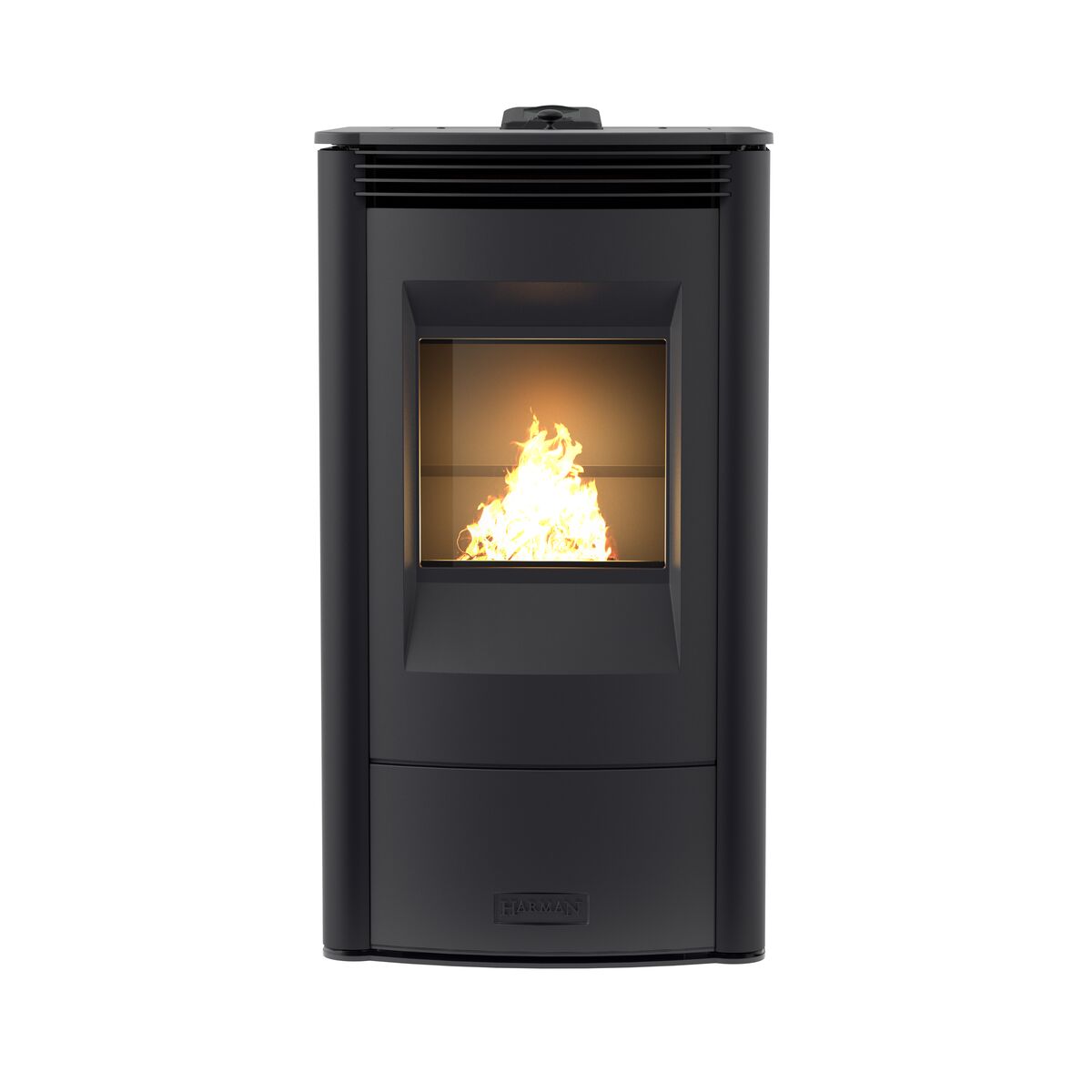 Black freestanding Allure pellet stove with visible flames on a white background