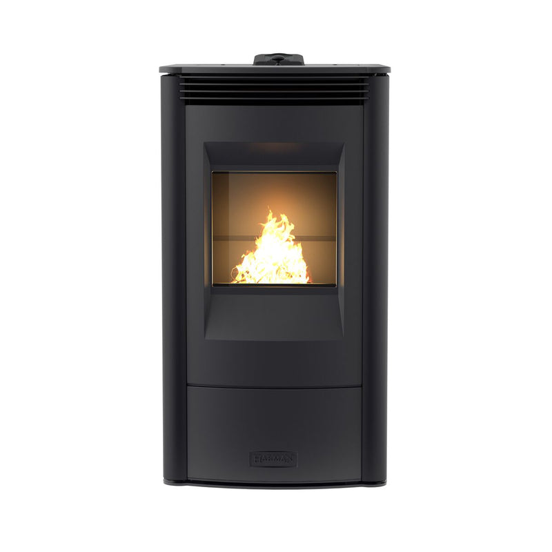 Black freestanding Allure pellet stove with visible flames on a white background
