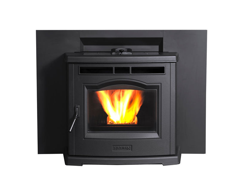 Black pellet fireplace insert with visible flames on a white background